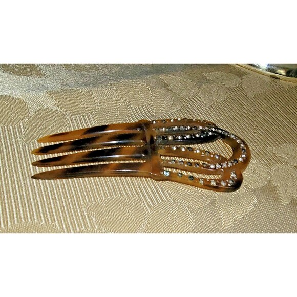 VTG Victorian hair comb faux Tortoise Shell hair ornament w/rhinestones - Picture 2 of 15